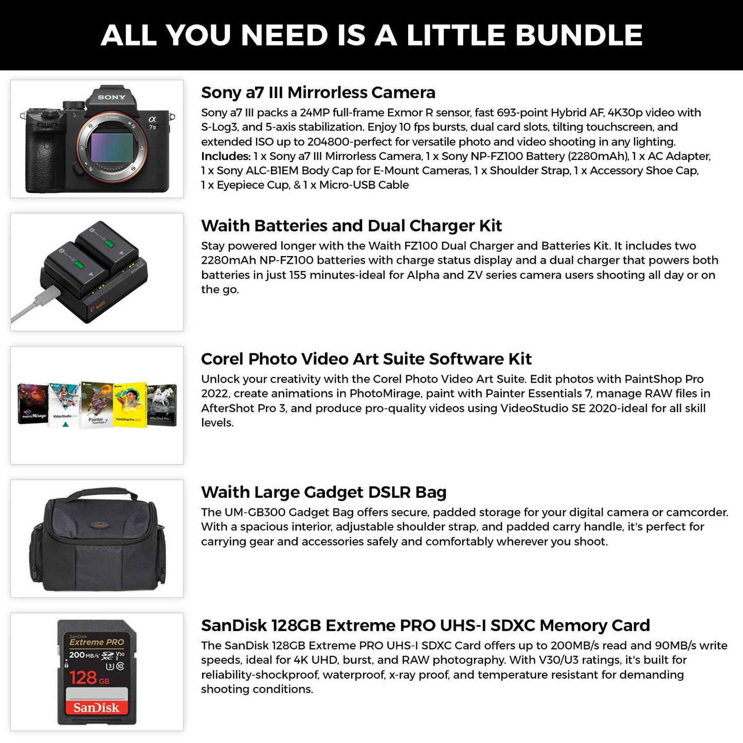 Sony A7 III Full-Frame Mirrorless Camera + Corel Software + 128GB SDXC Kit (Brand New)