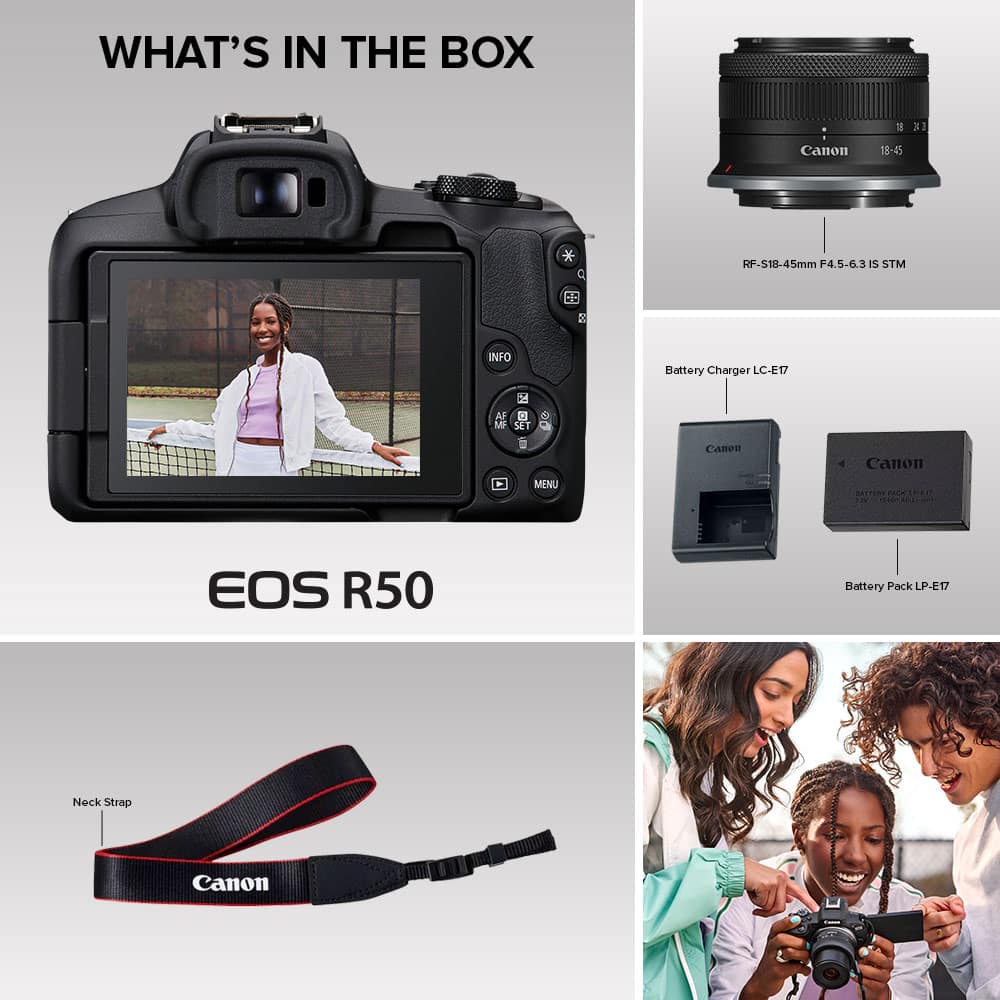 Canon EOS R50 4K Mirrorless Camera with RF-S 18-45mm F4.5-6.3 IS STM Lens – Content Creator Kit Black (Brand New)