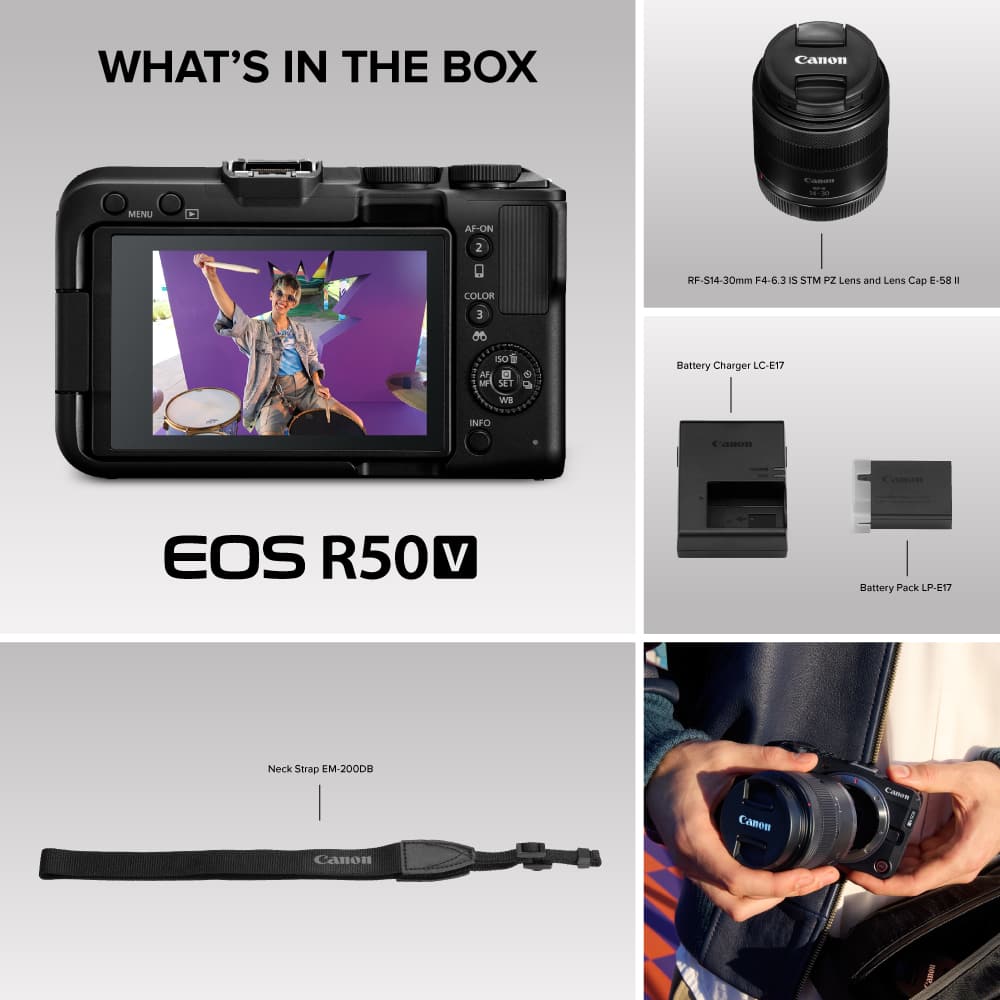 Canon EOS R50 V 4K Mirrorless Camera with RF-S 14-30mm F4-6.3 IS STM PZ Lens – Black (Brand New)